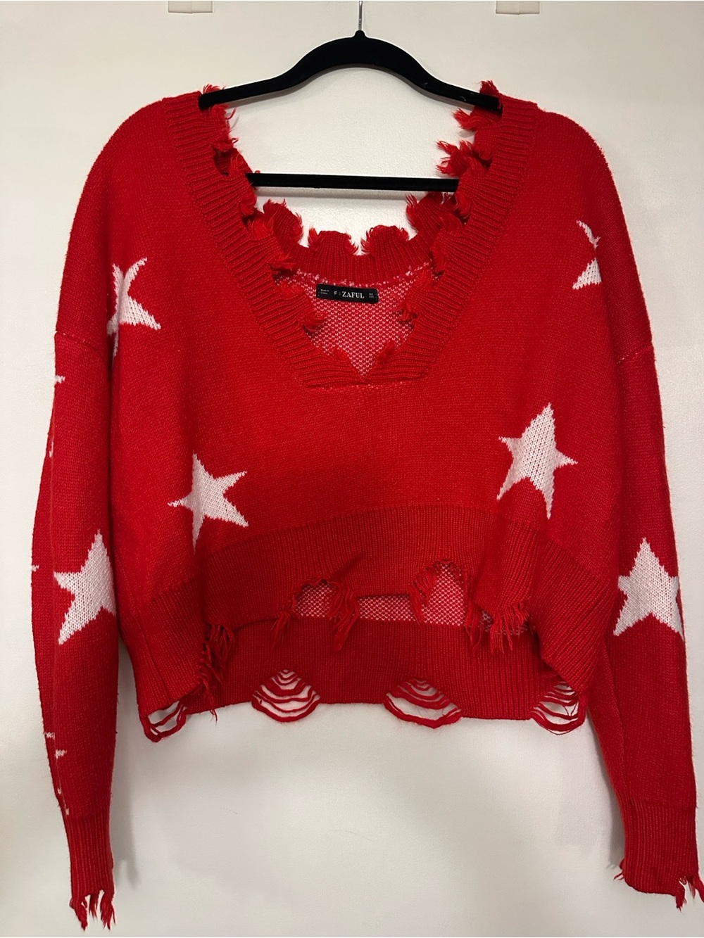 Zaful Red Frayed V-Neck Knit Sweater